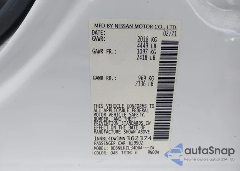 2021 Nissan Altima Sv Intelligent Awd from USA, damaged, VIN 1N4BL4DW1MN362374